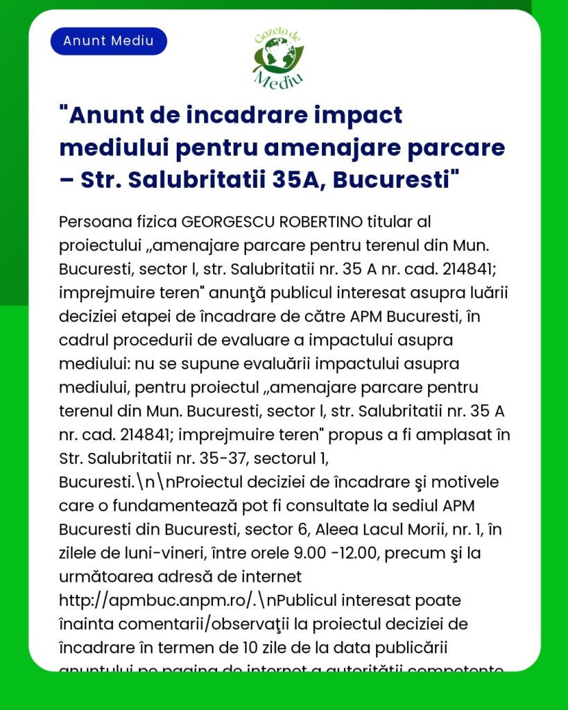 Anunt de incadrare impact mediului pentru amenajare parcare – Str. Sal