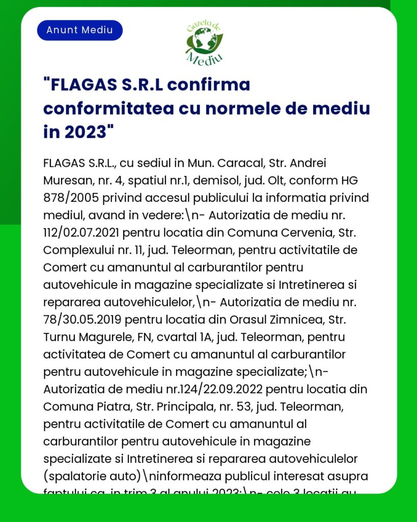 FLAGAS S.R.L confirma conformitatea cu normele de mediu in 2023