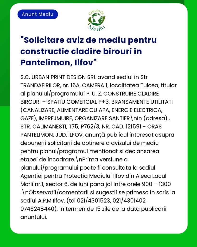 Solicitare aviz de mediu pentru constructie cladire birouri in Panteli