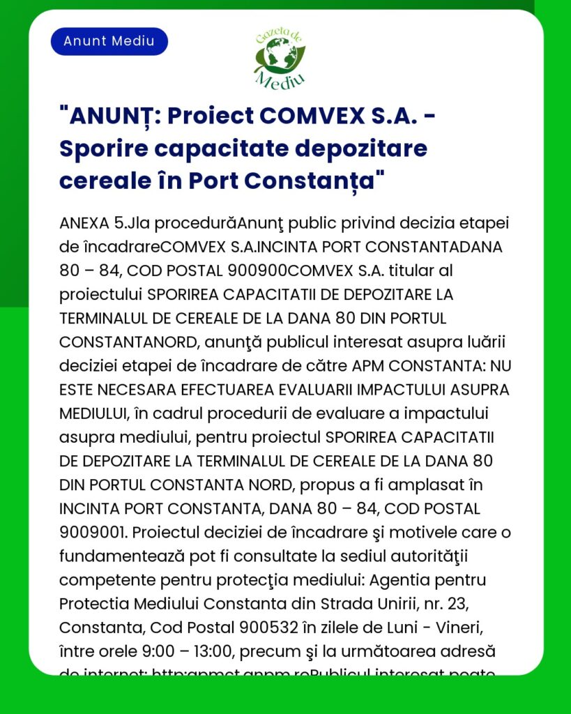 ANUNȚ: Proiect COMVEX S.A. - Sporire capacitate depozitare cereale în