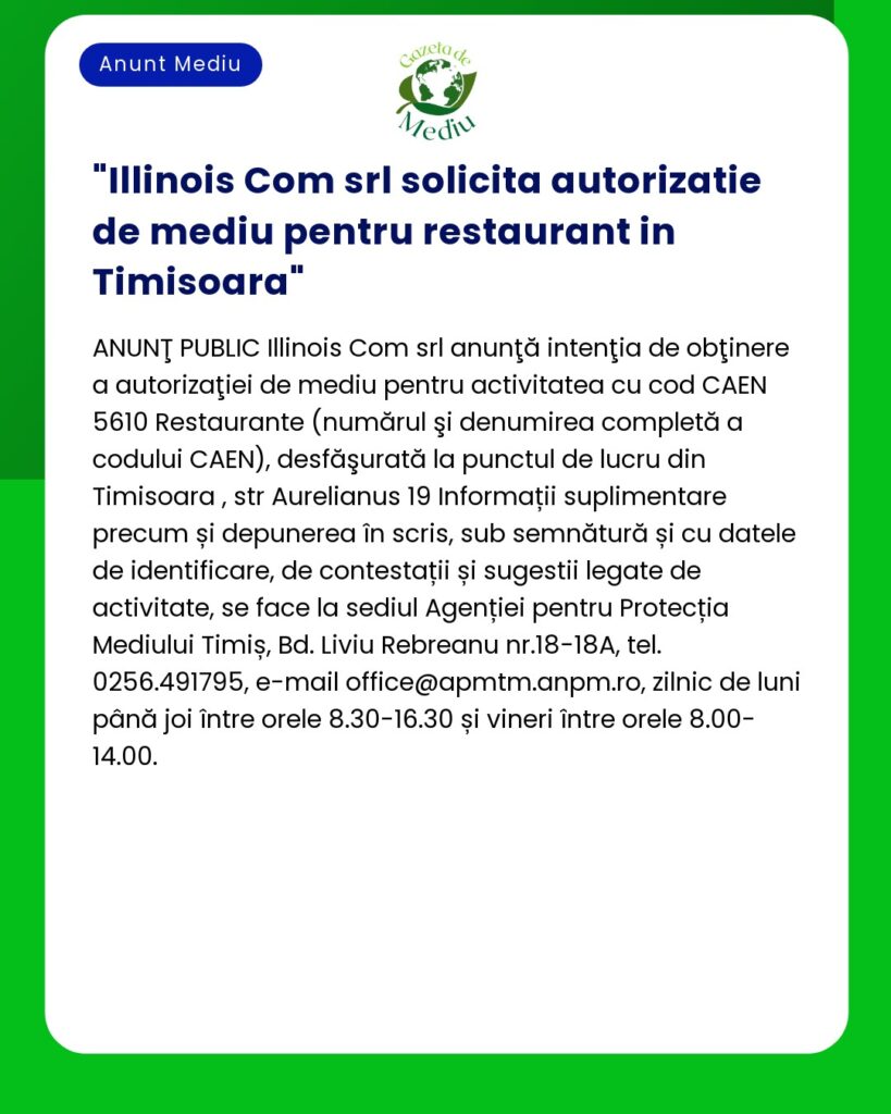 Illinois Com srl solicita autorizatie de mediu pentru restaurant in Ti