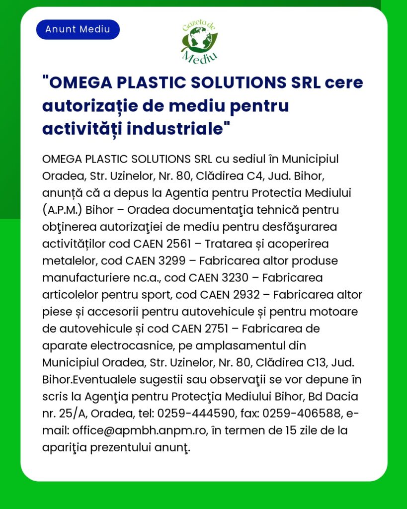 OMEGA PLASTIC SOLUTIONS SRL cere autorizație de mediu pentru activităț