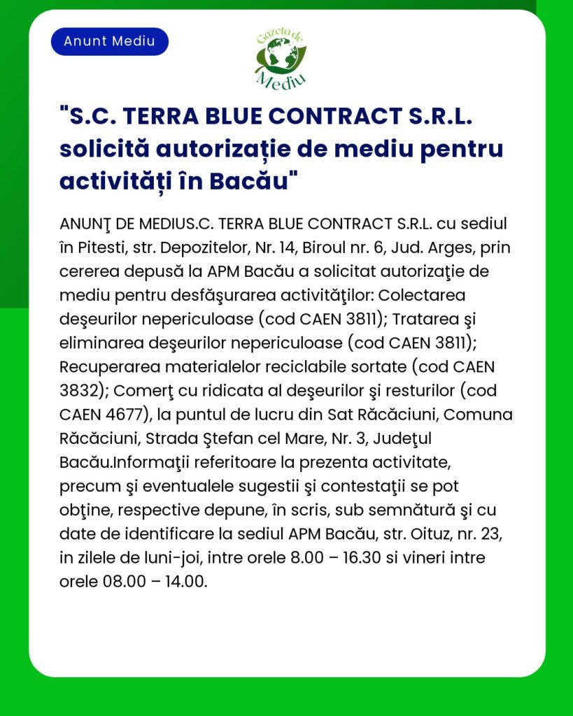 S.C. TERRA BLUE CONTRACT S.R.L. solicită autorizație de mediu pentru a