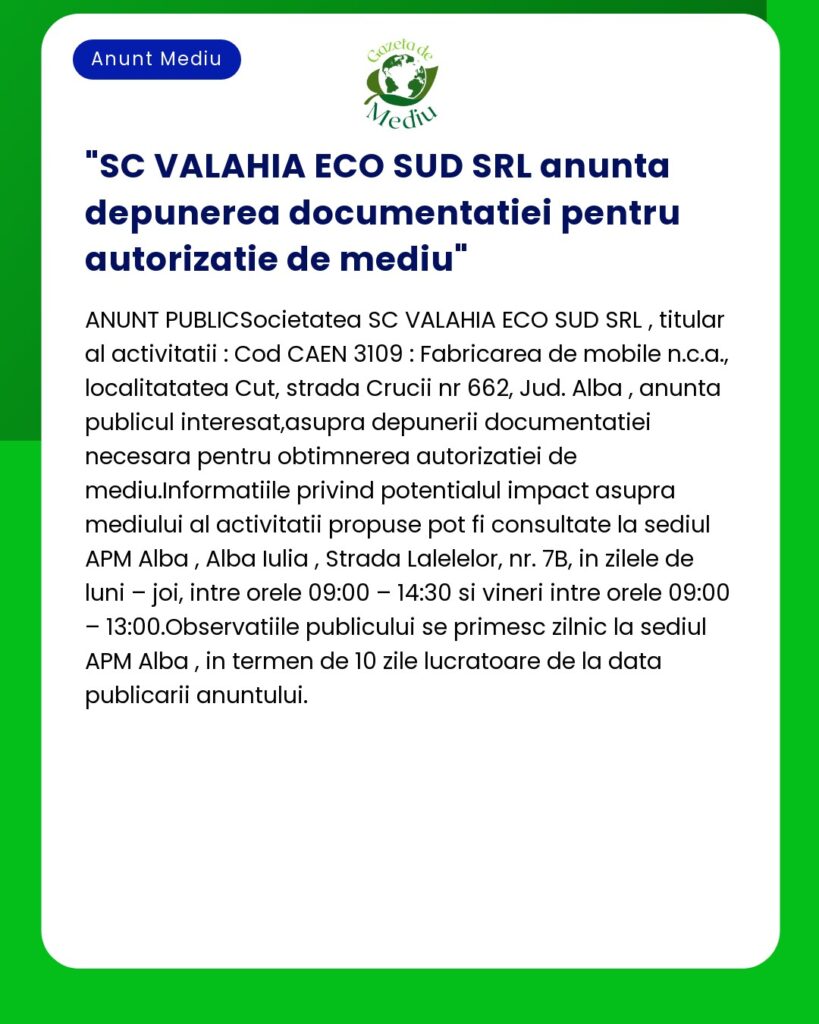 SC VALAHIA ECO SUD SRL anunta depunerea documentatiei pentru autorizat