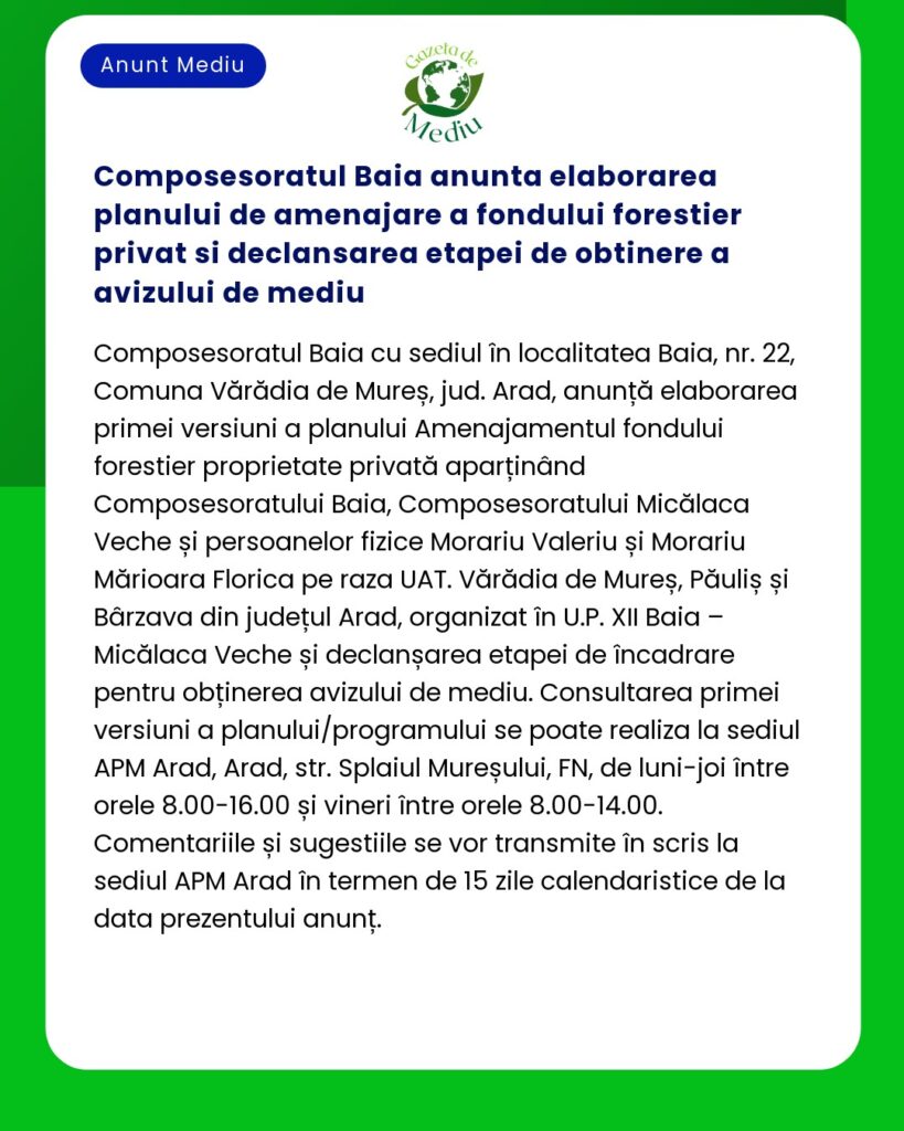 Composesoratul Baia anunta elaborarea planului de amenajare a fondului
