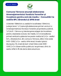 Comuna Târnova anunţă elaborarea Amenajamentului fondului forestier și