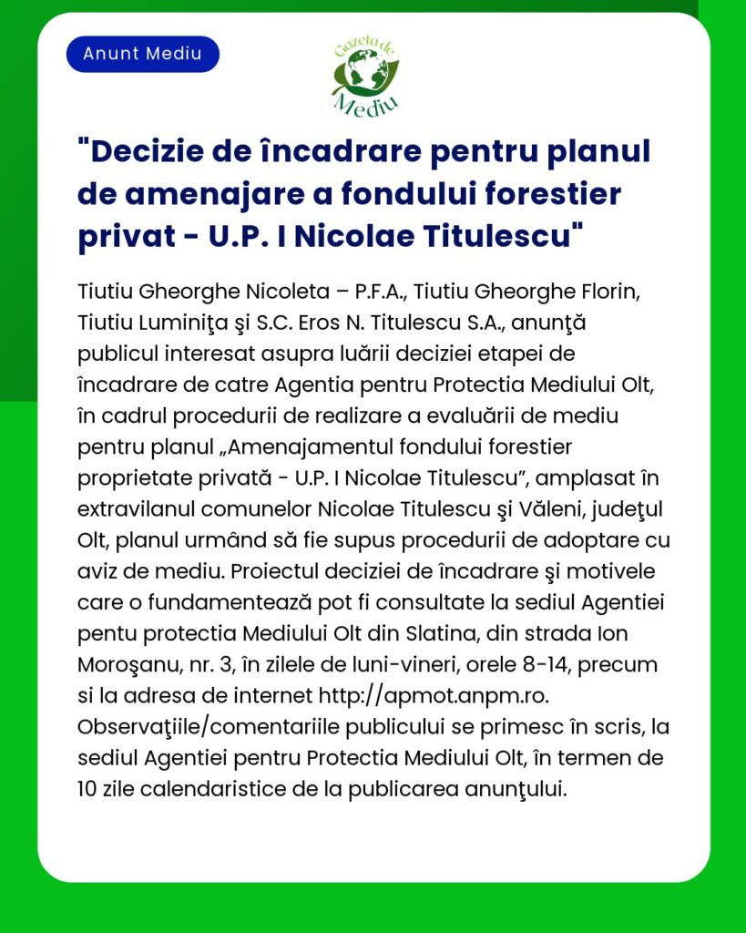 Decizie de încadrare pentru planul de amenajare a fondului forestier p