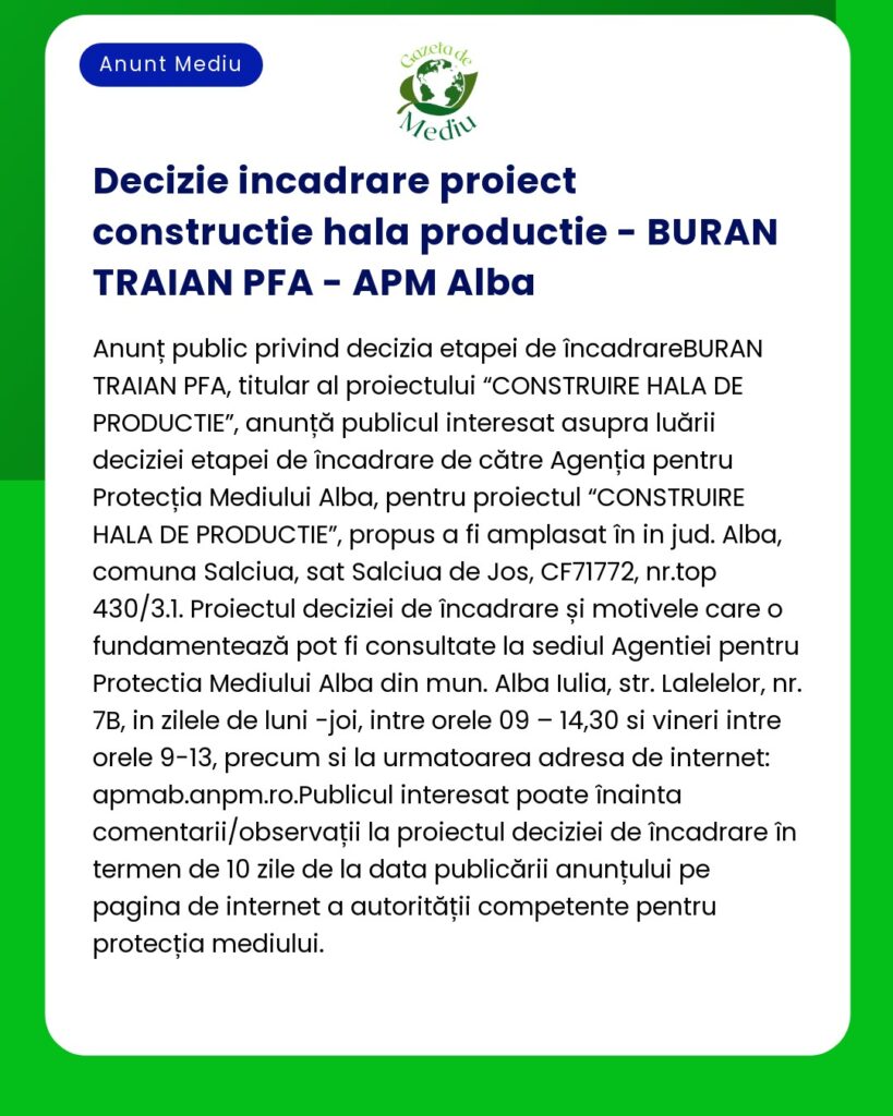 Decizie incadrare proiect constructie hala productie - BURAN TRAIAN PF