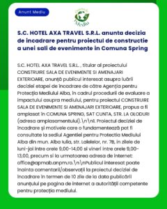 S.C. HOTEL AXA TRAVEL S.R.L. anunta decizia de incadrare pentru proiec