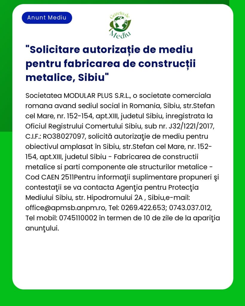 Solicitare autorizație de mediu pentru fabricarea de construcții metal