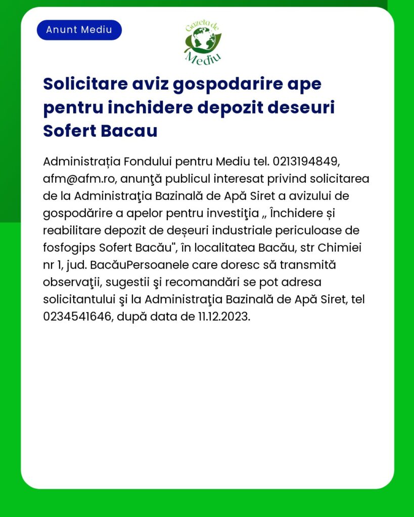 Solicitare aviz gospodarire ape pentru inchidere depozit deseuri Sofer