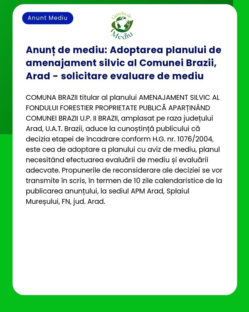 Anunț de mediu: Adoptarea planului de amenajament silvic al Comunei Br