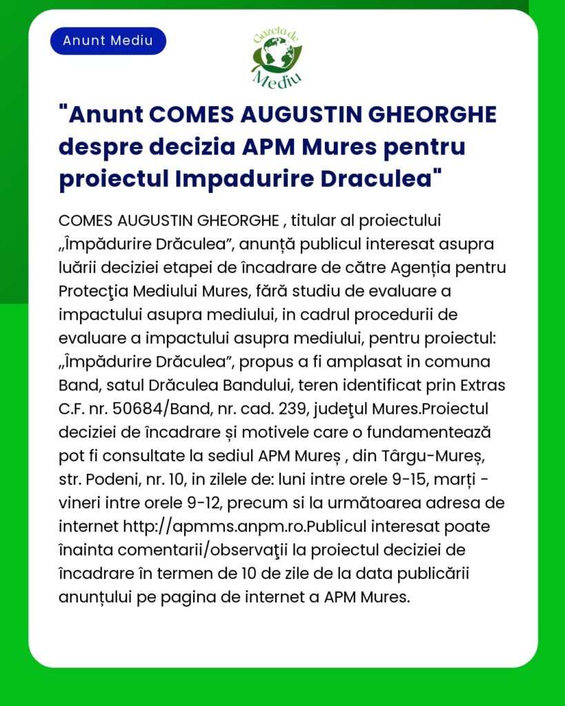 Anunt COMES AUGUSTIN GHEORGHE despre decizia APM Mures pentru proiectu