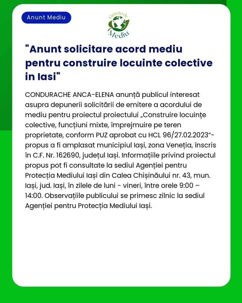 Anunt solicitare acord mediu pentru construire locuinte colective in I