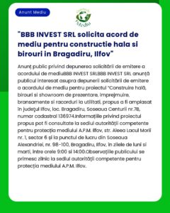 BBB INVEST SRL solicita acord de mediu pentru constructie hala si biro