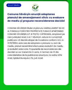 Comuna Săvârșin anunță adoptarea planului de amenajament silvic cu eva