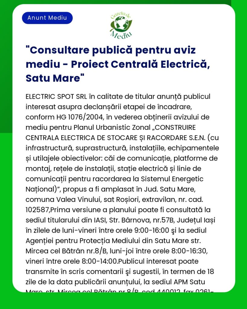 Consultare publică pentru aviz mediu - Proiect Centrală Electrică Sat