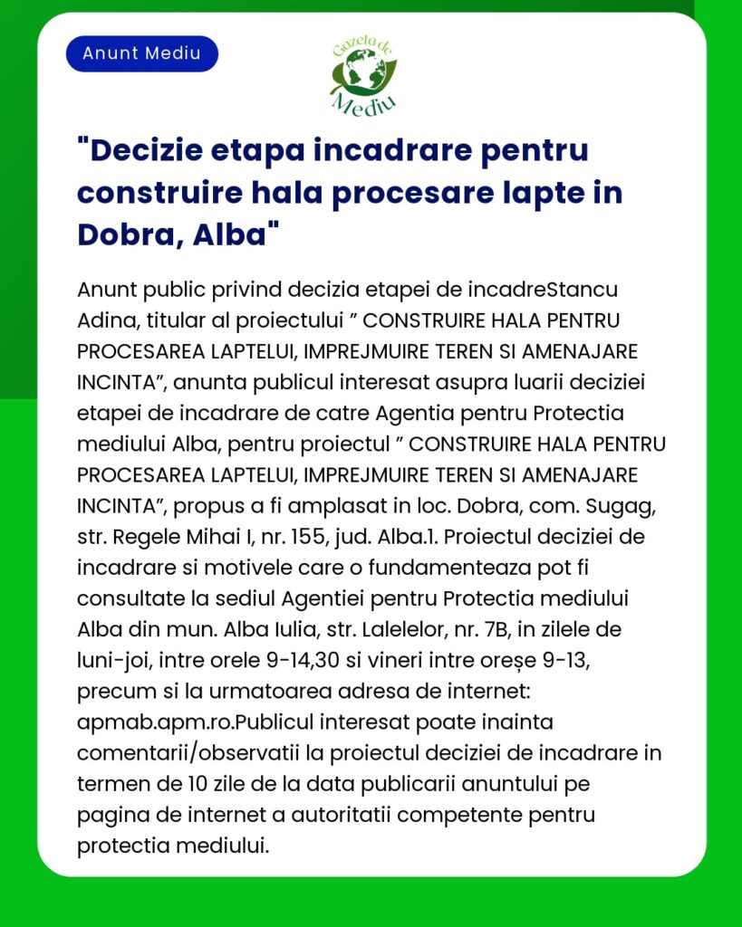 Decizie etapa incadrare pentru construire hala procesare lapte in Dobr