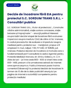 Decizie de încadrare fără EIA pentru proiectul S.C. SORDUM TRANS S.R.L
