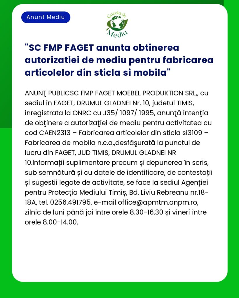 SC FMP FAGET anunta obtinerea autorizatiei de mediu pentru fabricarea