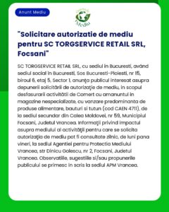 Solicitare autorizatie de mediu pentru SC TORGSERVICE RETAIL SRL Focs