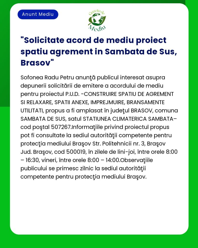 Solicitate acord de mediu proiect spatiu agrement in Sambata de Sus B