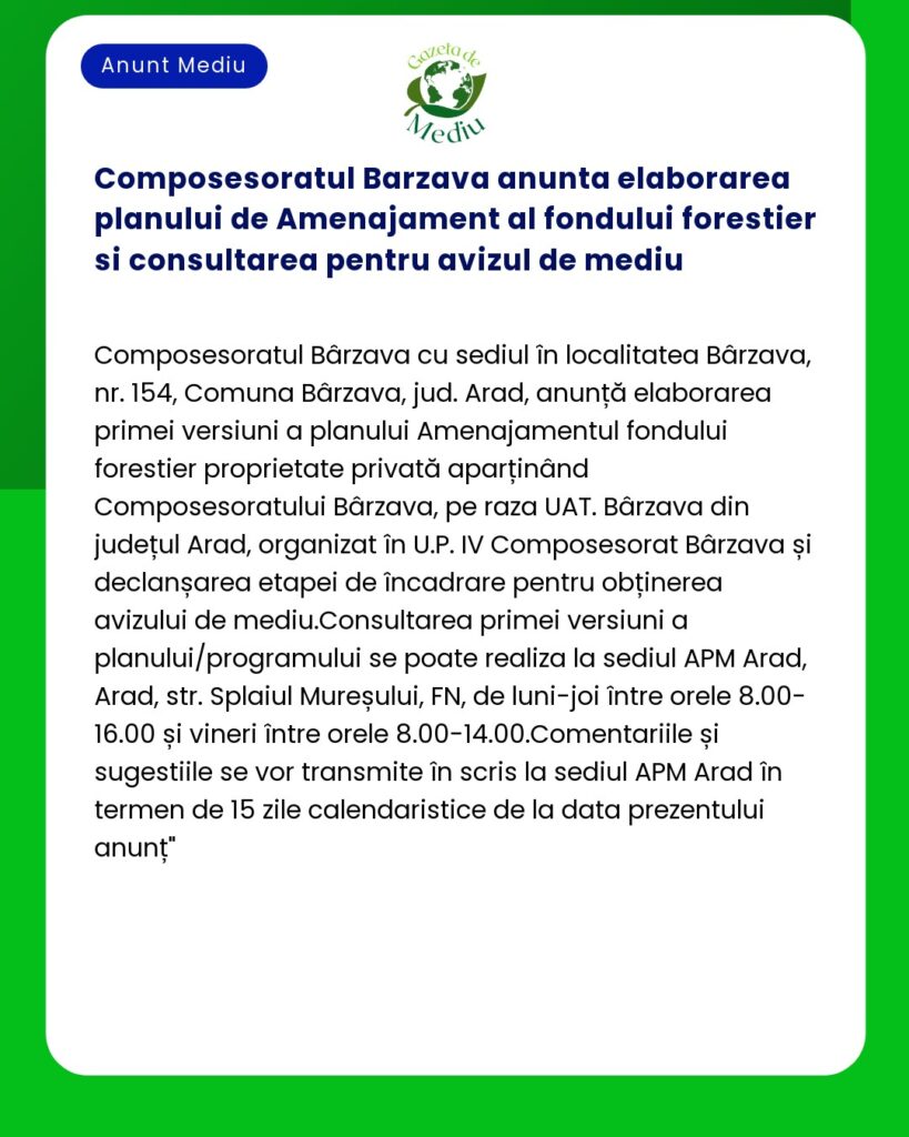 Composesoratul Barzava anunta elaborarea planului de Amenajament al fo