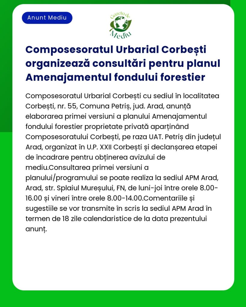 Composesoratul Urbarial Corbești organizează consultări pentru planul