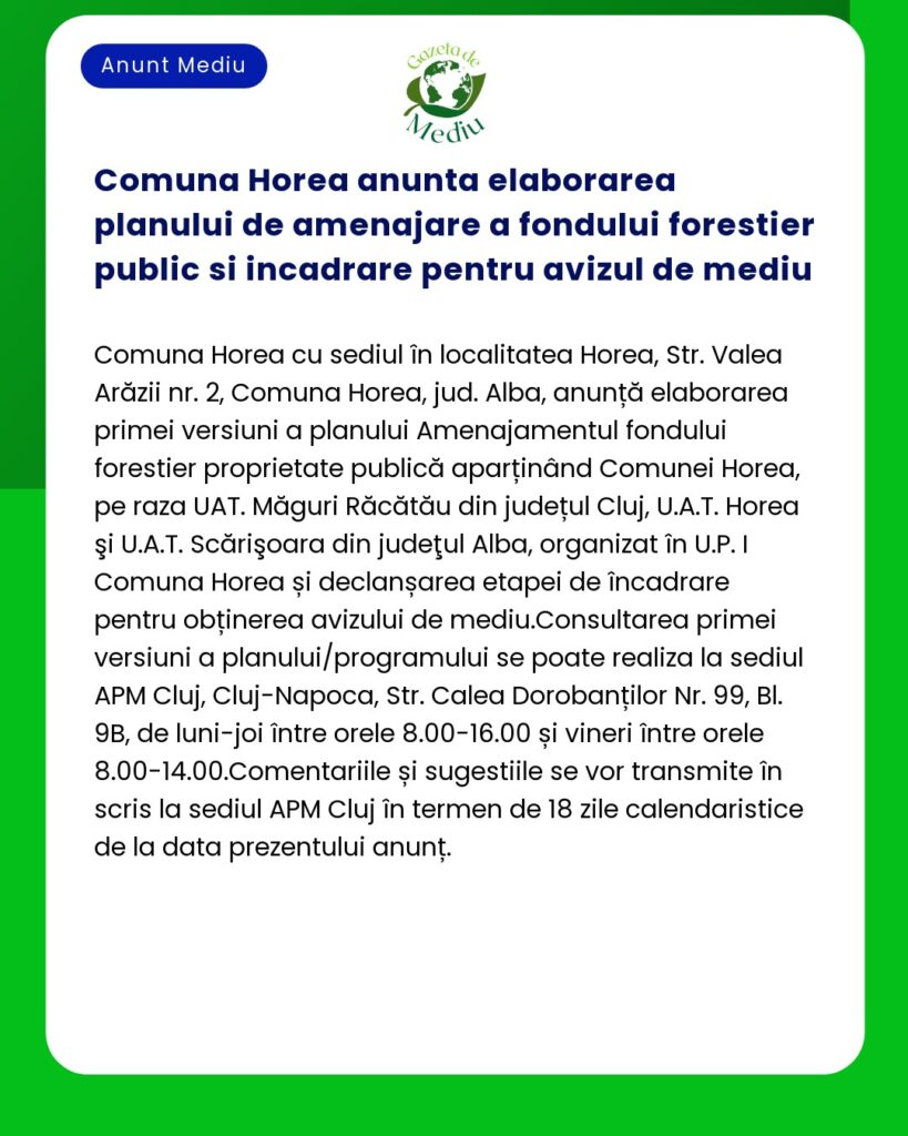 Comuna Horea anunta elaborarea planului de amenajare a fondului forest