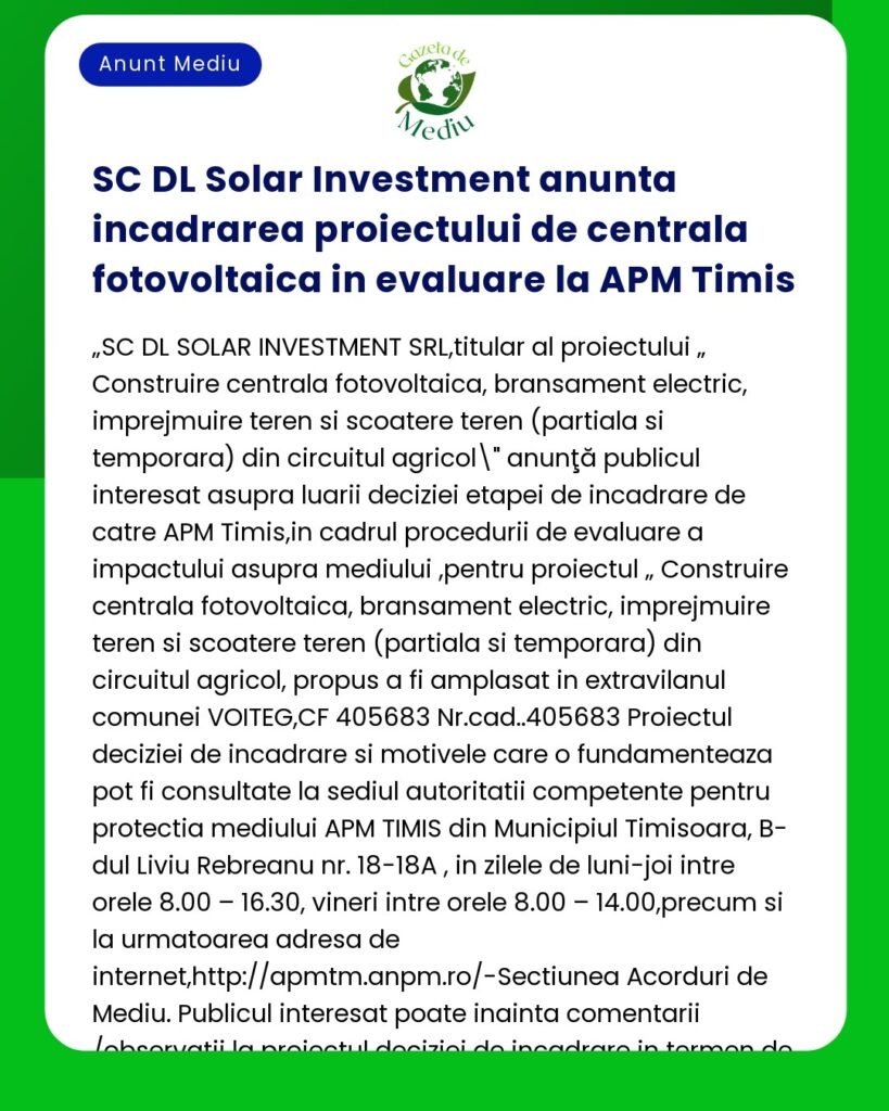 SC DL Solar Investment anunta incadrarea proiectului de centrala fotov
