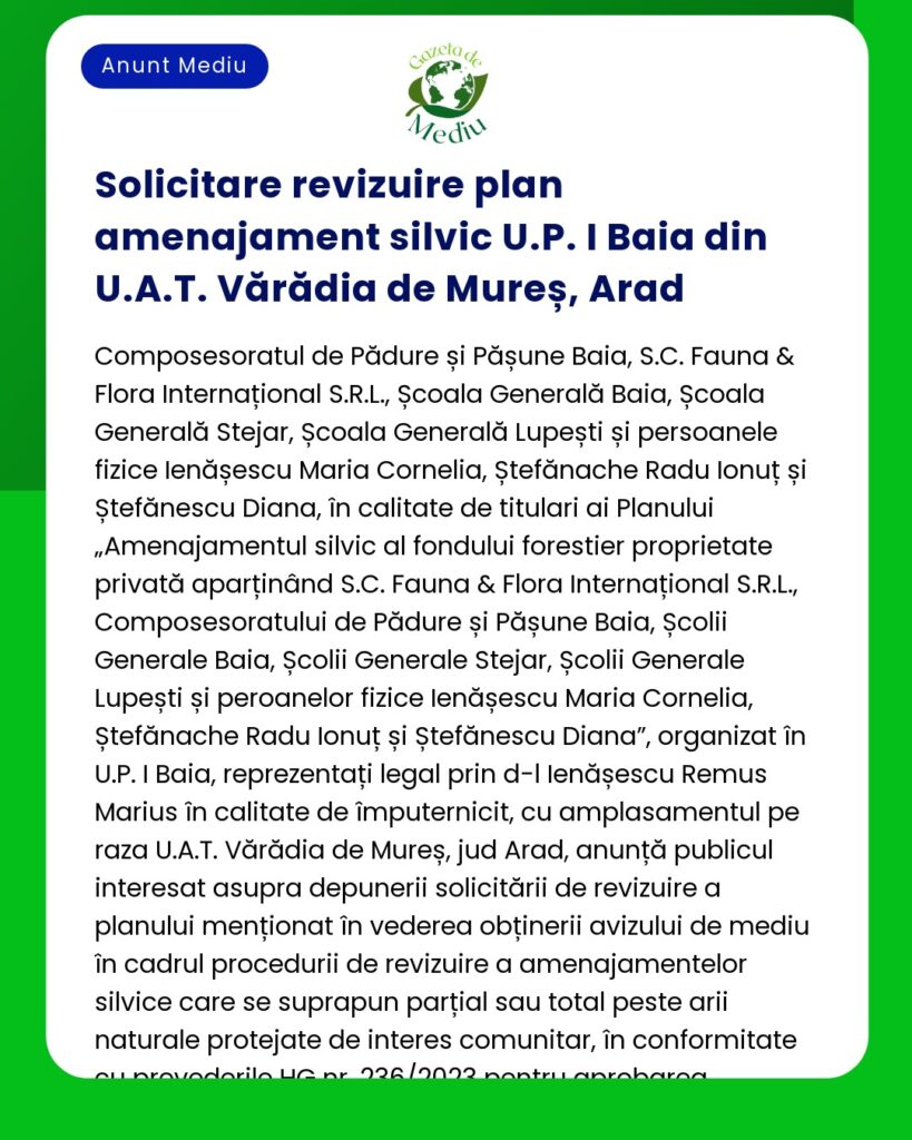Solicitare revizuire plan amenajament silvic U.P. I Baia din U.A.T. Vă