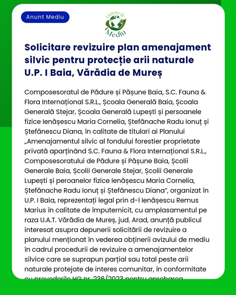 Solicitare revizuire plan amenajament silvic pentru protecție arii nat