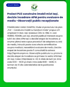 Proiect PUZ construire imobil mixt Iași decizie încadrare APM pentru