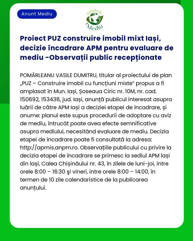 Proiect PUZ construire imobil mixt Iași decizie încadrare APM pentru