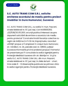 S.C. AUTO TRANS COM S.R.L. solicita emiterea acordului de mediu pentru