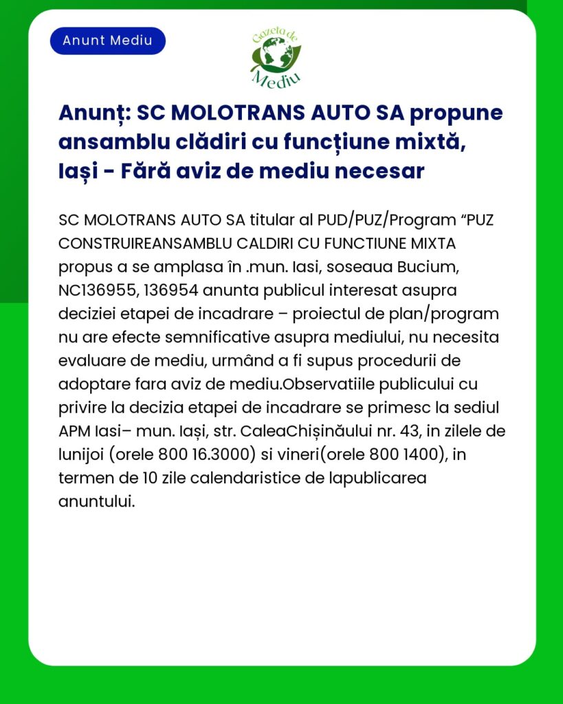 Anunț: SC MOLOTRANS AUTO SA propune ansamblu clădiri cu funcțiune mixt