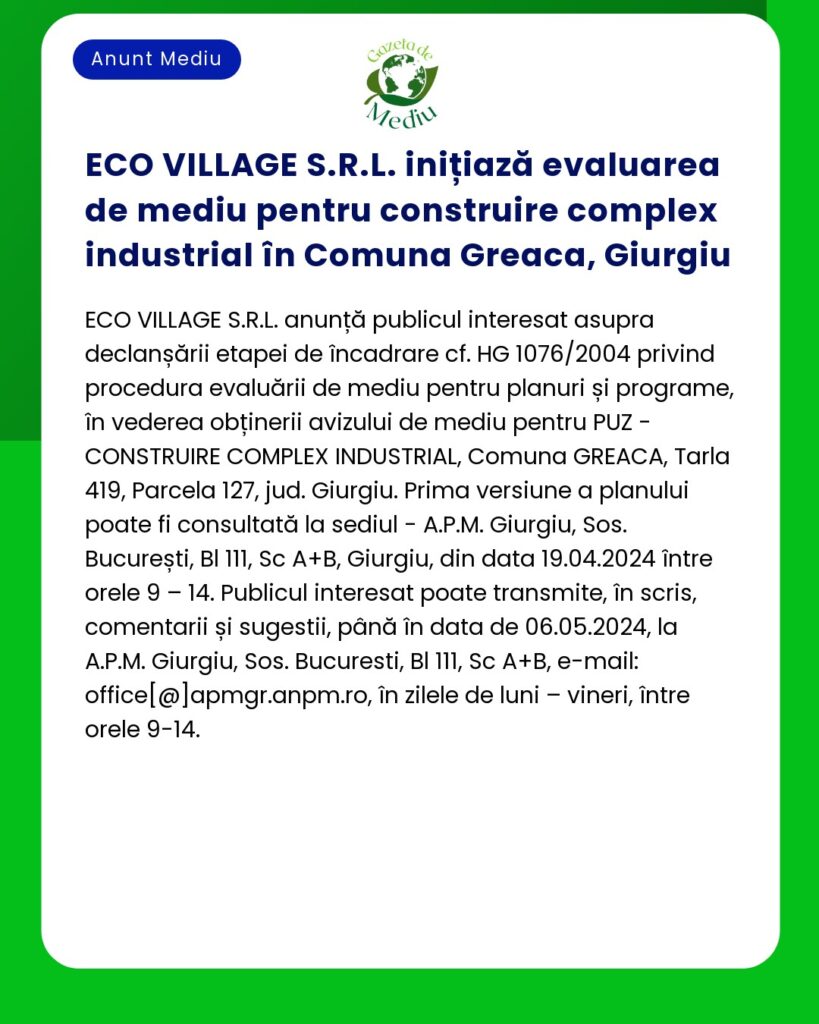 ECO VILLAGE S.R.L. inițiază evaluarea de mediu pentru construire compl