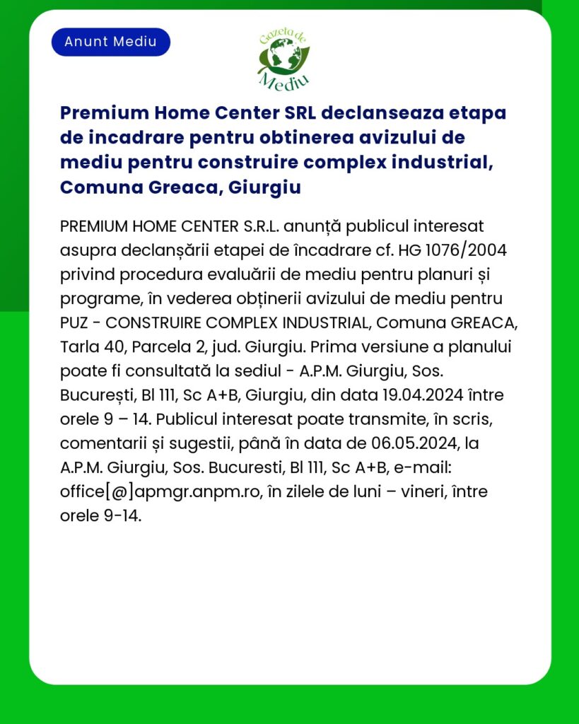 Premium Home Center SRL declanseaza etapa de incadrare pentru obtinere