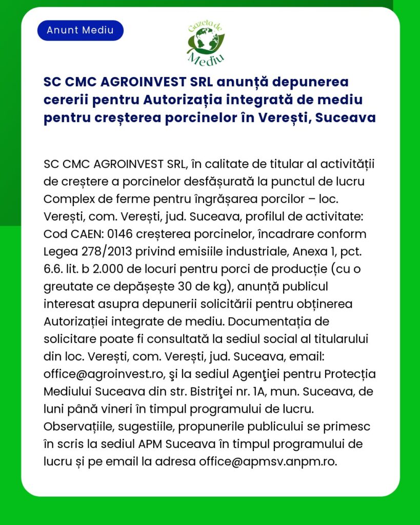 SC CMC AGROINVEST SRL anunță depunerea cererii pentru Autorizația inte