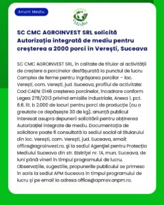 SC CMC AGROINVEST SRL solicită Autorizația integrată de mediu pentru c