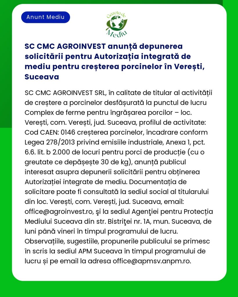 SC CMC AGROINVEST anunță depunerea solicitării pentru Autorizația inte