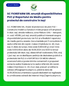SC FIOREFARM SRL anunță disponibilitatea PUZ și Raportului de Mediu pe