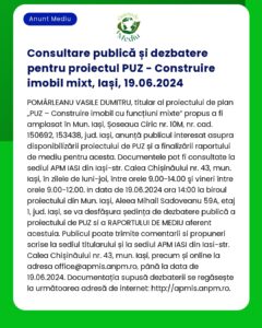 Consultare publică și dezbatere pentru proiectul PUZ - Construire imob