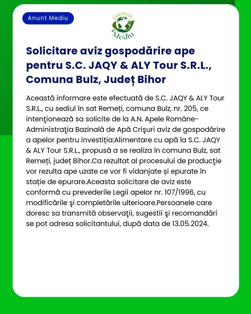 Solicitare aviz gospodărire ape pentru S.C. JAQY & ALY Tour S.R.L. Co