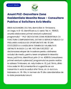 Anunt PUZ-Dezvoltare Zona Rezidentiala Mosnita Noua - Consultare Publi