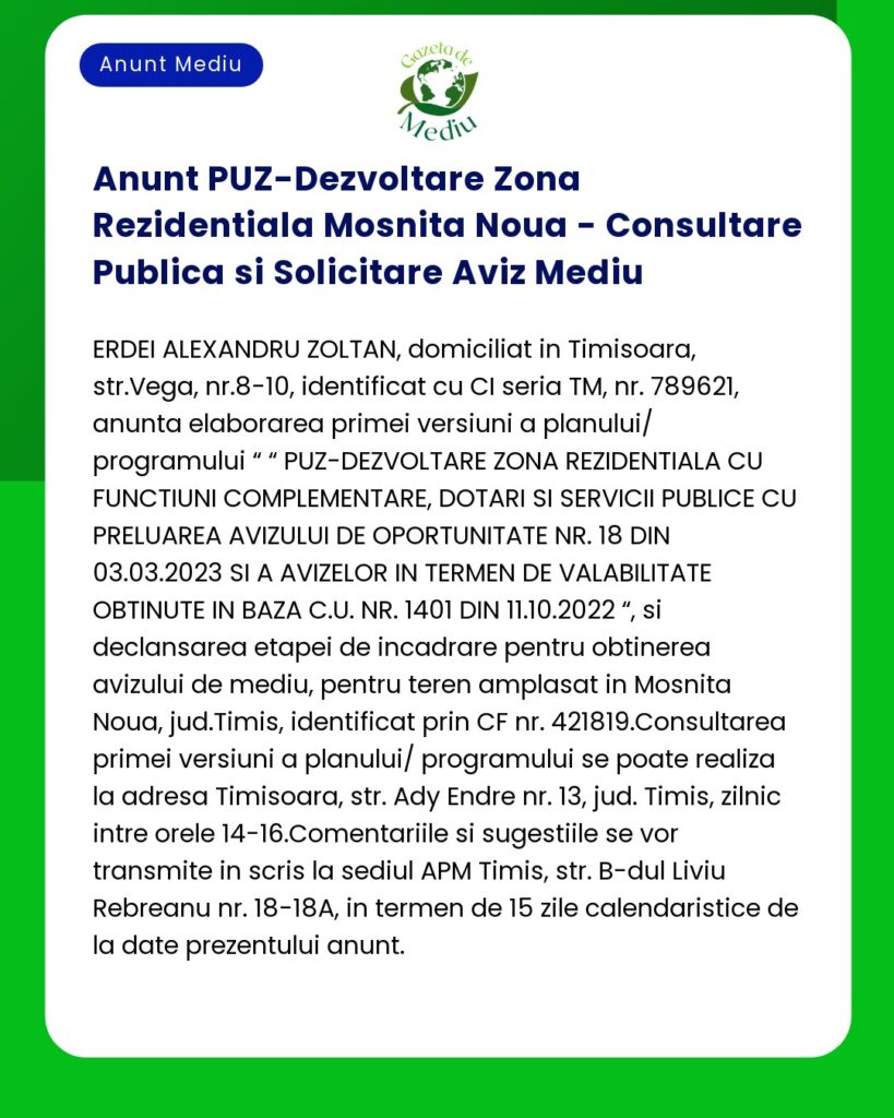 Anunt PUZ-Dezvoltare Zona Rezidentiala Mosnita Noua - Consultare Publi