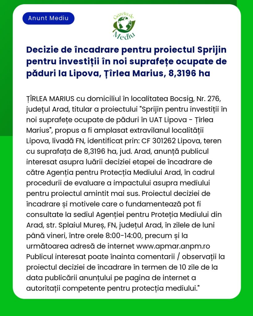 Decizie de încadrare pentru proiectul Sprijin pentru investiții în noi