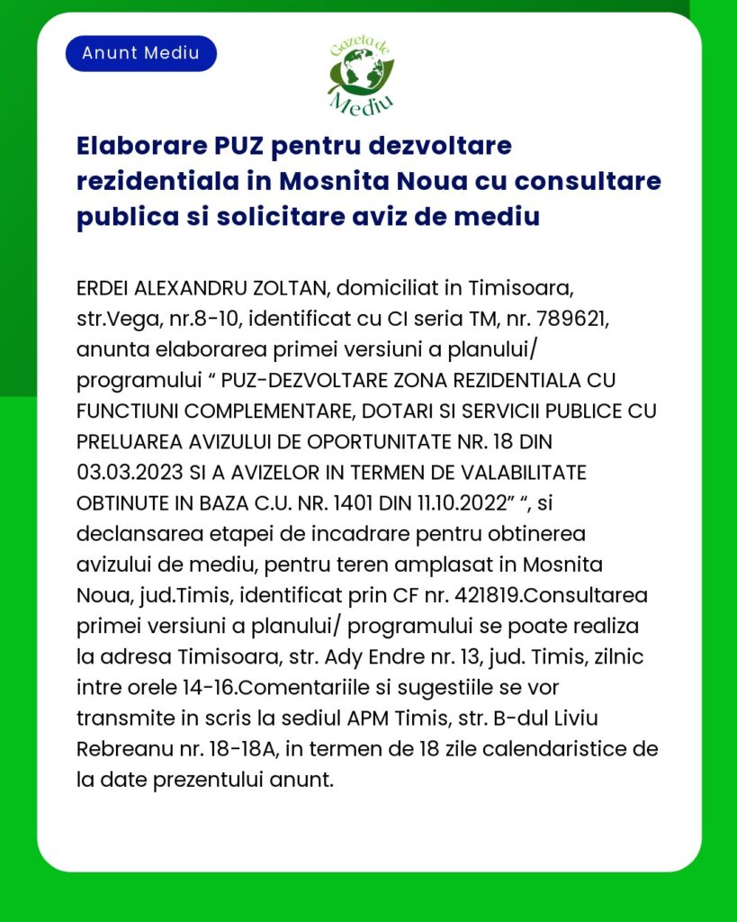 Elaborare PUZ pentru dezvoltare rezidentiala in Mosnita Noua cu consul
