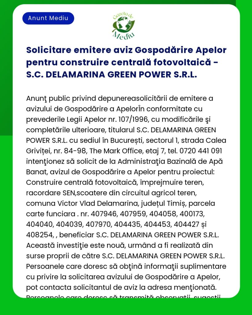 Solicitare emitere aviz Gospodărire Apelor pentru construire centrală