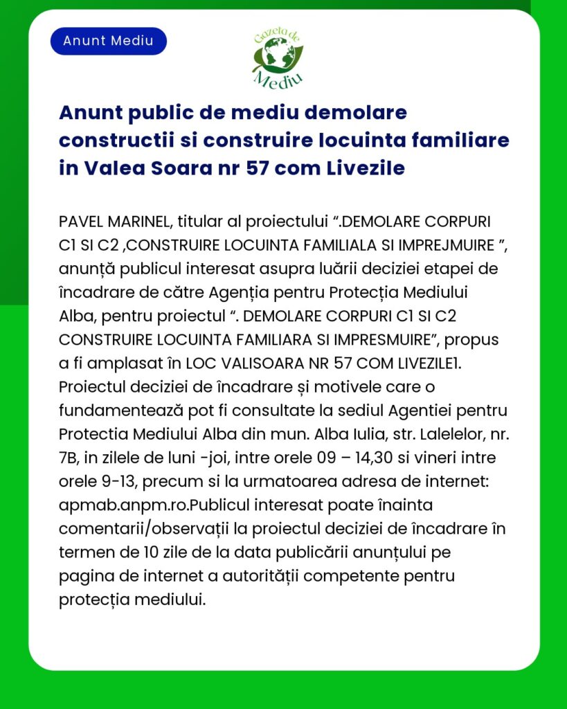 Anunt public de mediu demolare constructii si construire locuinta fami